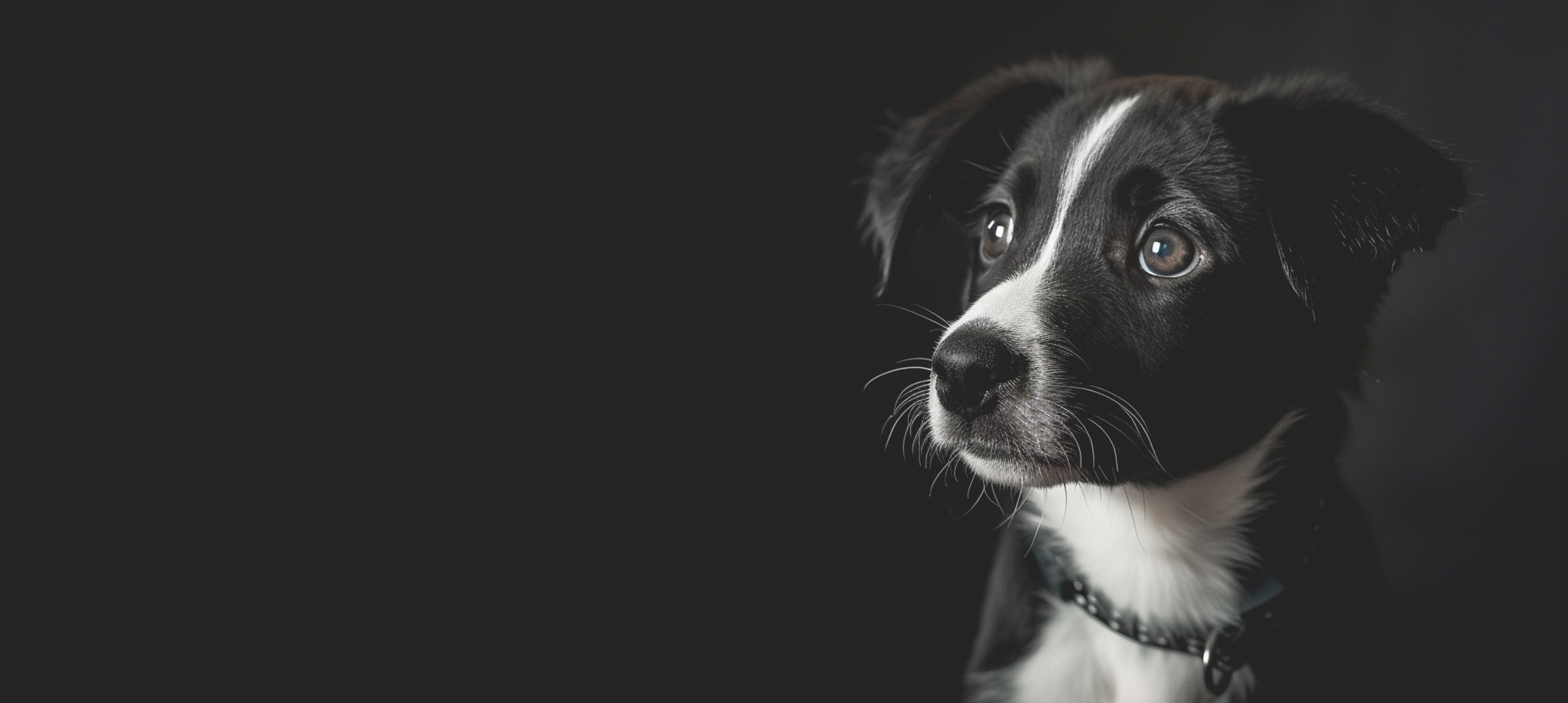 Young Puppy Dog in Black and White looking up at someone potentially adopting him.